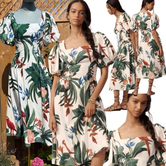 🆕 FARM Rio 🧿 NWOT Midnight Macaw Fiesta Linen Puff-Sleeve Midi Dress, Sz XXS - Picture 1 of 16